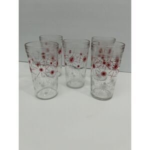 5 Vintage Hazel Atlas Red &White Atomic Starburst 5.5"‎ Glass Tumblers SKU 1484